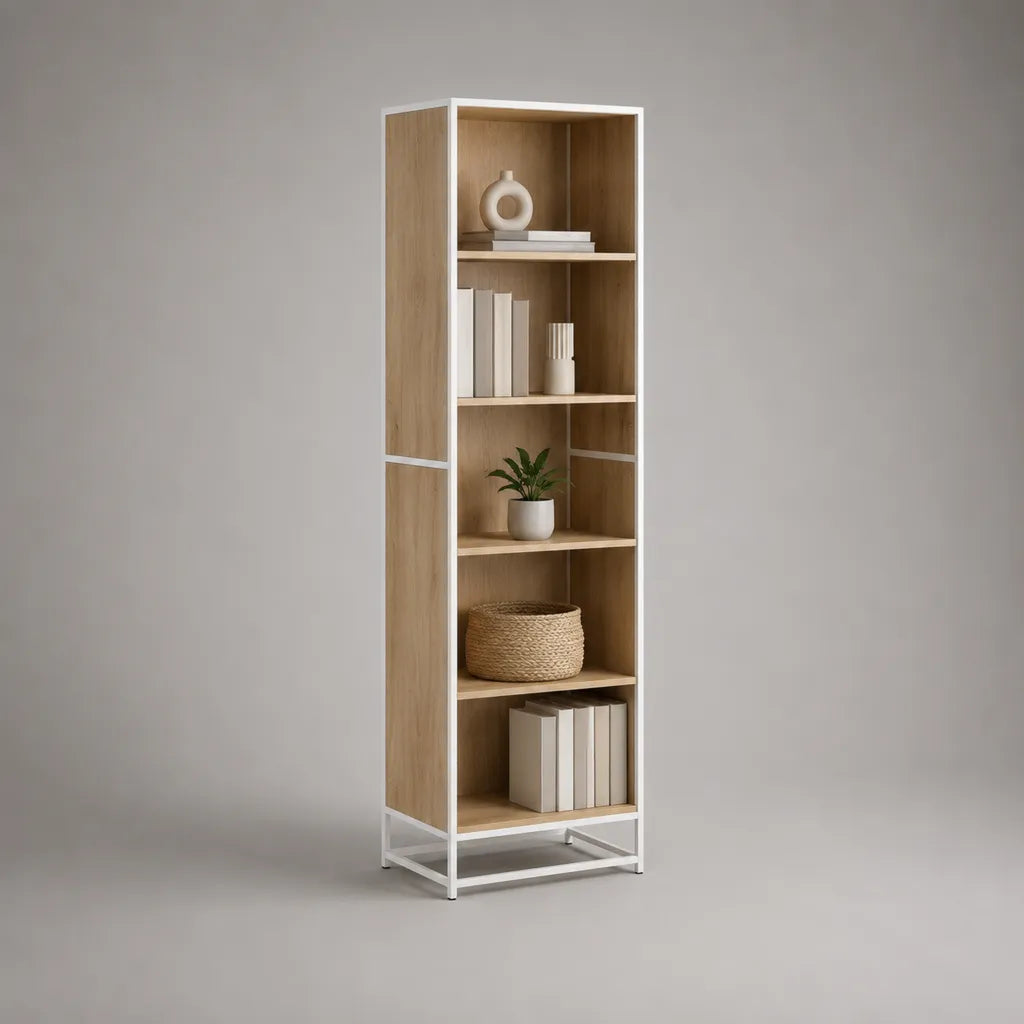 Bibliothèque avec 5 compartiments ouverts en panneau de particules recouvert de mélamine et acier, chêne et blanc, 40 × 30 × 180 cm