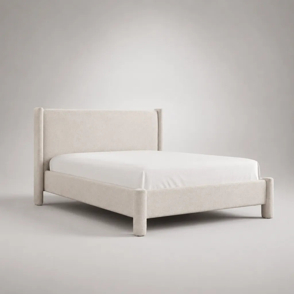 Lit rembourré avec tête de lit en Bouclé polyester, ivoire, couchage 160 × 200 cm, dimensions totales 180 × 220 × 110 cm