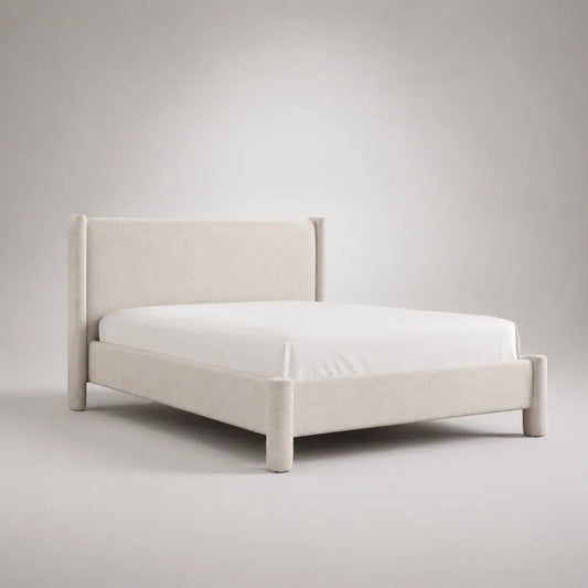 Lit rembourré avec tête de lit en Bouclé polyester, ivoire, couchage 160 × 200 cm, dimensions totales 180 × 220 × 110 cm
