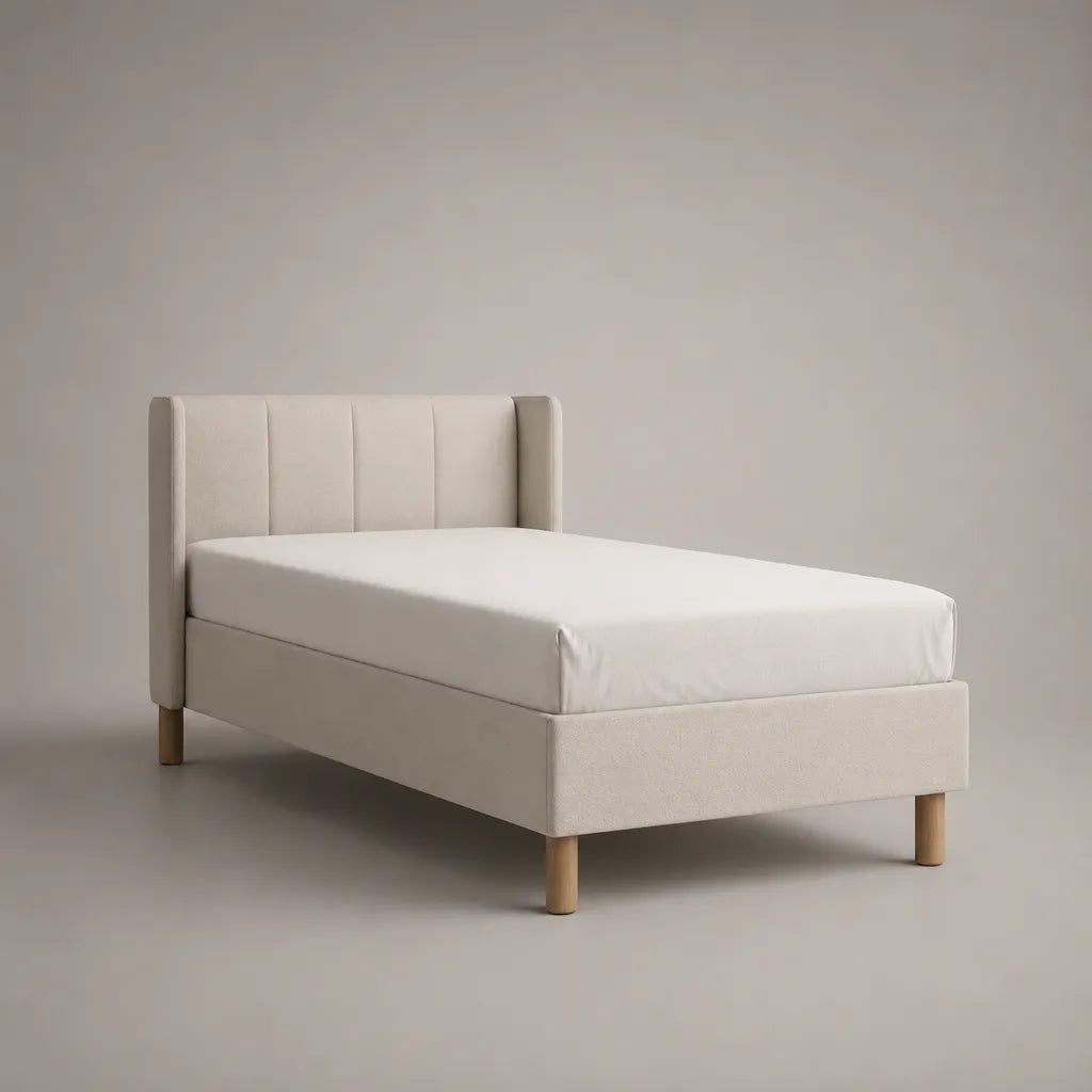 Lit rembourré avec grille et couverture en polyester, blanc cassé, surface allongée 140 × 200 cm, dimensions totales 214 × 149 × 110 cm