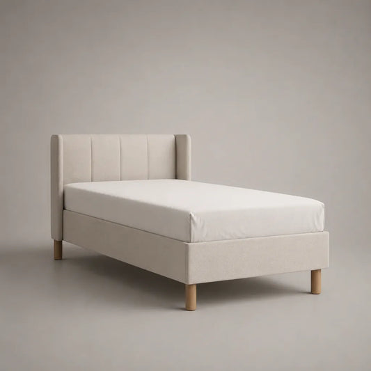 Lit rembourré avec grille et couverture en polyester, blanc cassé, surface allongée 140 × 200 cm, dimensions totales 214 × 149 × 110 cm
