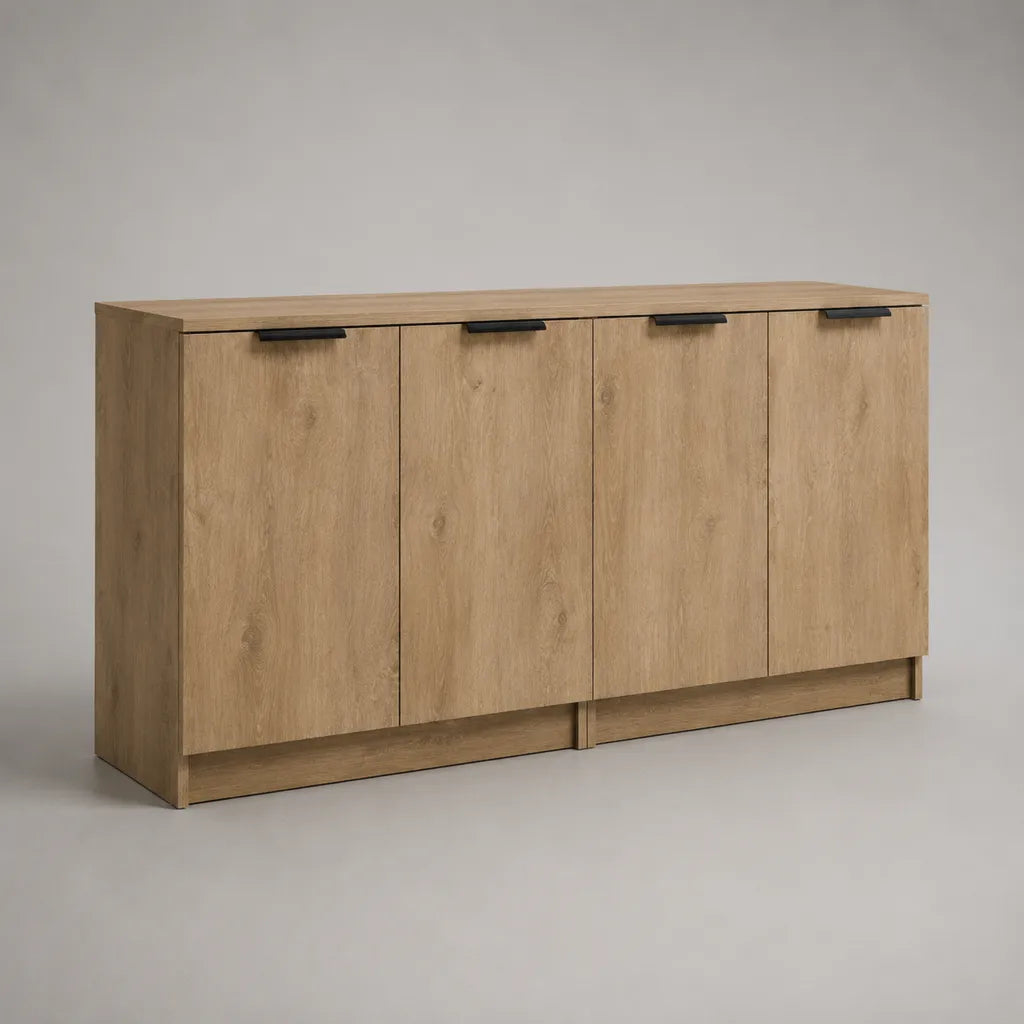 Sideboard avec 4 portes en panneau de particules recouvert de mélamine, couleurs de chêne et noir, 160 × 40 × 80 cm