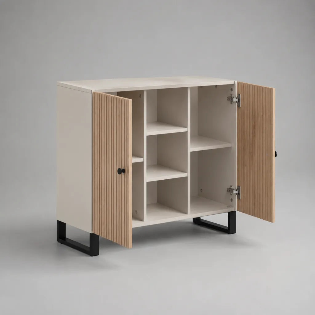 Sideboard avec 2 portes en MDF et panneau de particules, blanc cassé/eau naturelle/noir, 100 × 40 × 90 cm