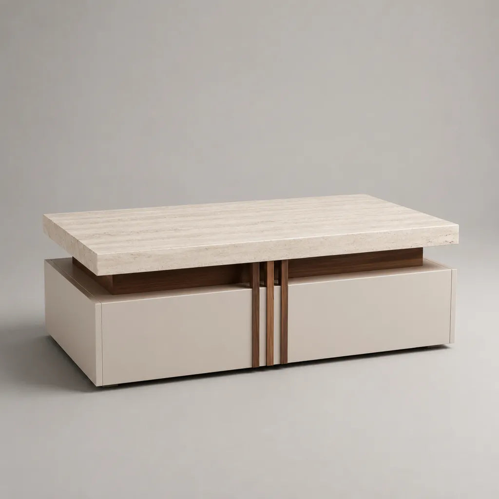 Table basse rectangulaire avec rangement en MDF et pierre frittée, beige/brun, 120 × 60 × 45 cm